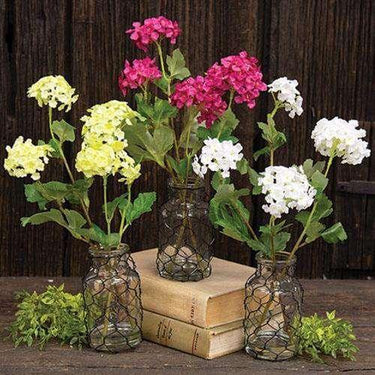 Snowball Flower in Glass Vase w/Chicken Wire, 3 Asstd. - The Fox Decor
